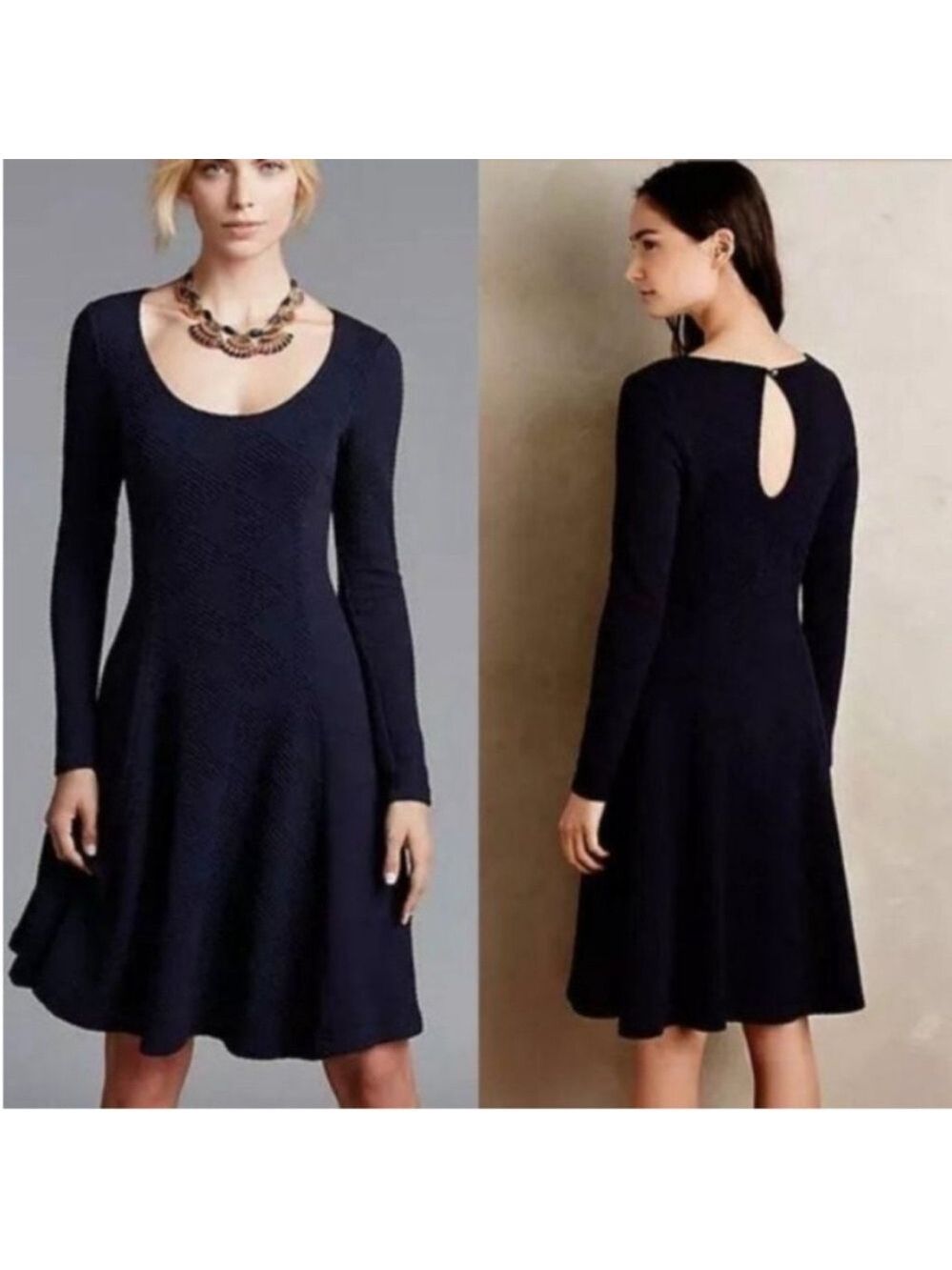 Anthropologie Maeve Sasha Navy Fit and Flare Textured Long Sleeve Dress Small